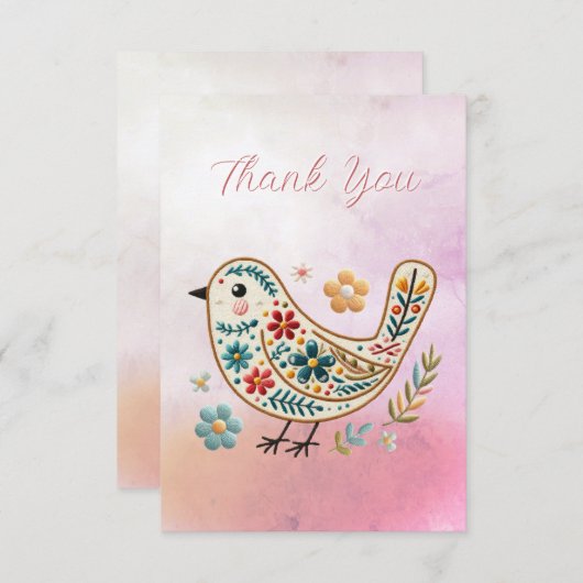 Kleine Vogel Bloemen Borduurwerk Roze Dank u kaart (Voorkant / Achterkant)