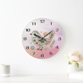 Kleine Vogel Bloemen Borduurwerk Roze Muur Klok (Huis)