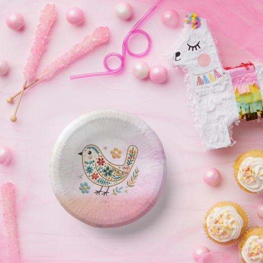 Kleine Vogel Bloemen Borduurwerk Roze Papieren Bow Papieren Kommen (Feest)