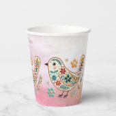 Kleine Vogel Bloemen Borduurwerk Roze Papieren Kop Papieren Bekers (Achterkant)