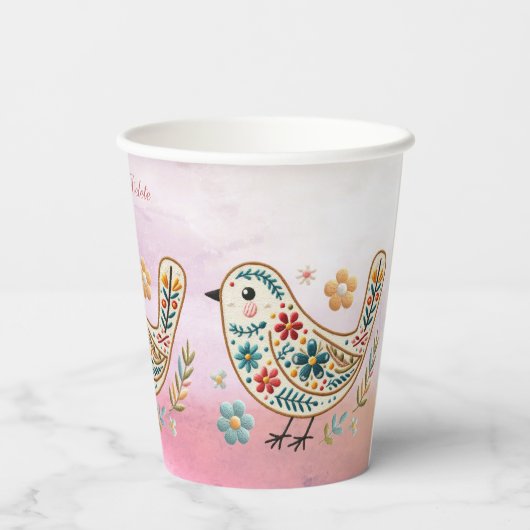 Kleine Vogel Bloemen Borduurwerk Roze Papieren Kop Papieren Bekers (Achterkant)
