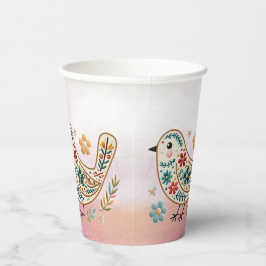 Kleine Vogel Bloemen Borduurwerk Roze Papieren Kop Papieren Bekers (Rechts)