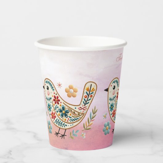 Kleine Vogel Bloemen Borduurwerk Roze Papieren Kop Papieren Bekers (Voorkant)