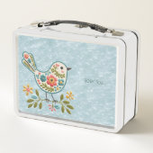 Kleine Vogel Bloemen Groen Bladeren Metalen Lunch  (Achterkant)