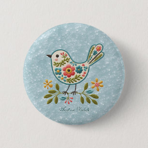 Kleine Vogel Bloemen Groene Bladeren Button