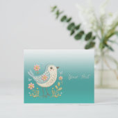 Kleine vogel bloemengeborduurd groen ansichtkaart briefkaart (Staand voorkant)