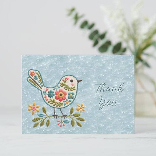 Kleine vogel Bloemenkruid Groene bladeren Dank u k Bedankkaart (Staand voorkant)