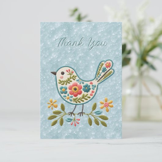 Kleine vogel Bloemenkruid Groene bladeren Dank u k Bedankkaart (Staand voorkant)