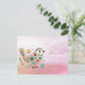 Kleine Vogel Bloemrijke Borduurwerk Roze Ansichtka Briefkaart (Staand voorkant)