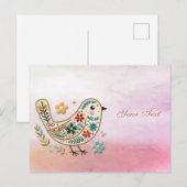Kleine Vogel Bloemrijke Borduurwerk Roze Ansichtka Briefkaart (Voorkant / Achterkant)