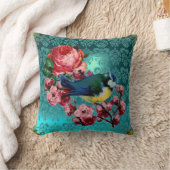 KLEINE VOGEL EN ROZE ROZEN AQUA BLAUW, BLAUWGROEN  KUSSEN (Deken)