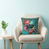 KLEINE VOGEL EN ROZE ROZEN AQUA BLAUW, BLAUWGROEN  KUSSEN (Stoel)
