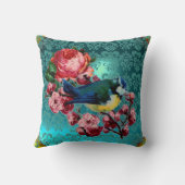 KLEINE VOGEL EN ROZE ROZEN AQUA BLAUW, BLAUWGROEN  KUSSEN (Achterkant)