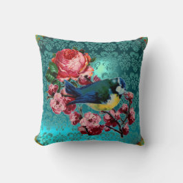 KLEINE VOGEL EN ROZE ROZEN AQUA BLAUW, BLAUWGROEN  KUSSEN