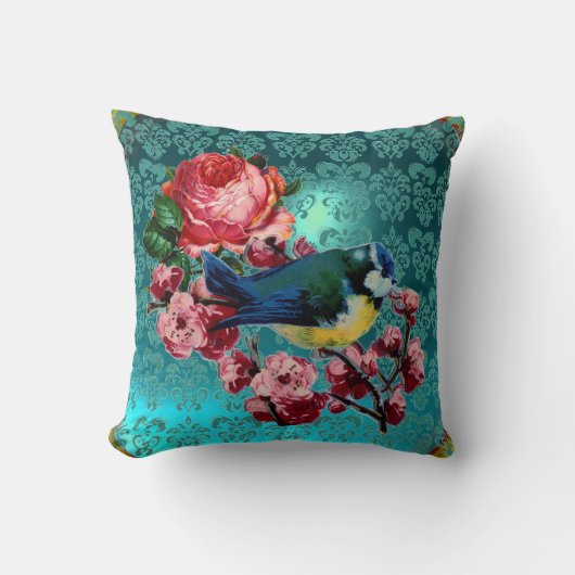 KLEINE VOGEL EN ROZE ROZEN AQUA BLAUW, BLAUWGROEN  KUSSEN (Voorkant)