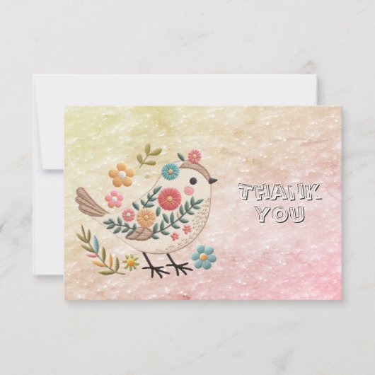 Kleine vogel laat bloemen roze dank je kaart (Voorkant)