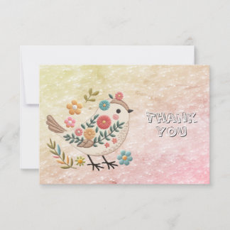 Kleine vogel laat bloemen roze dank je kaart