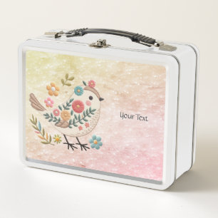 Kleine vogel laat bloemen roze metalen lunchbox