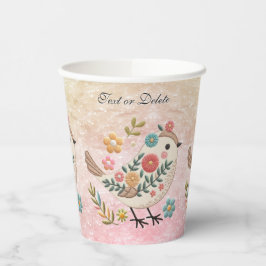 Kleine vogel laat bloemen roze papieren bekers