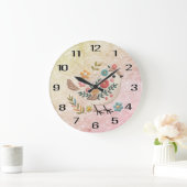 Kleine vogel laat bloemen roze wandklok (Huis)