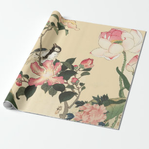 KLEINE VOGEL MET ROZE ROZEN EN LOTUSBLOEMEN CADEAUPAPIER