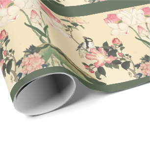 KLEINE VOGEL MET ROZE ROZEN EN LOTUSBLOEMEN CADEAUPAPIER