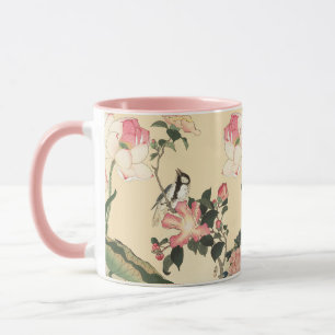 KLEINE VOGEL MET ROZE ROZEN EN LOTUSBLOEMEN MOK