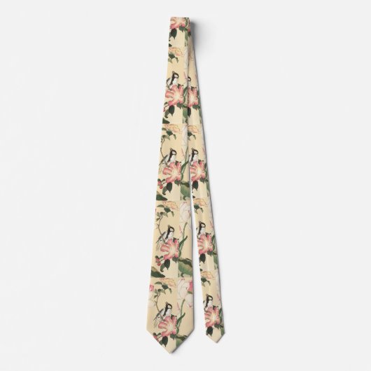 KLEINE VOGEL MET ROZE ROZEN EN LOTUSBLOEMEN STROPDAS (Voorkant)