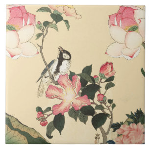 KLEINE VOGEL MET ROZE ROZEN EN LOTUSBLOEMEN TEGELTJE