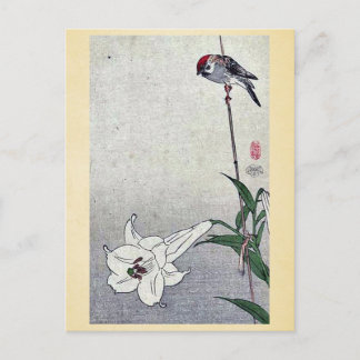Kleine vogel op het plant van Baison, Ukiyoe Briefkaart