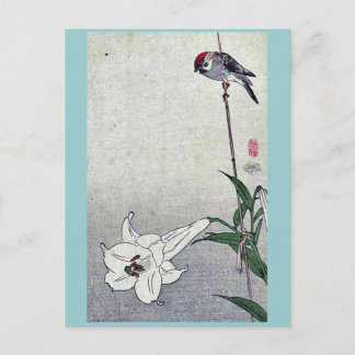 Kleine vogel op het plant van Baison, Ukiyoe Briefkaart