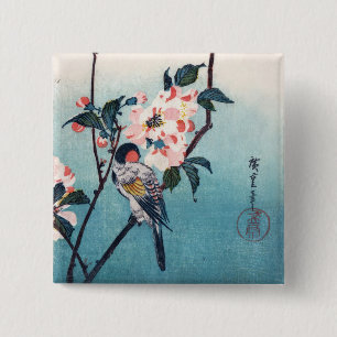Kleine vogel op Sakura Branch Hiroshige Fine Art Vierkante Button 5,1 Cm