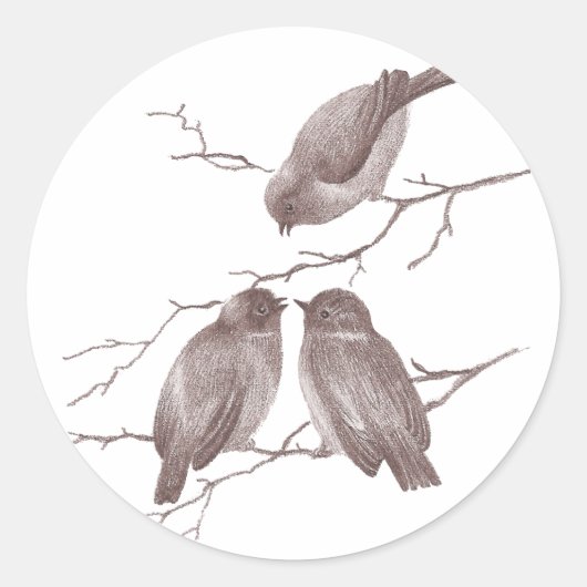 Kleine Vogels Chatten op een Wintertak Sepia Ronde Sticker (Voorkant)
