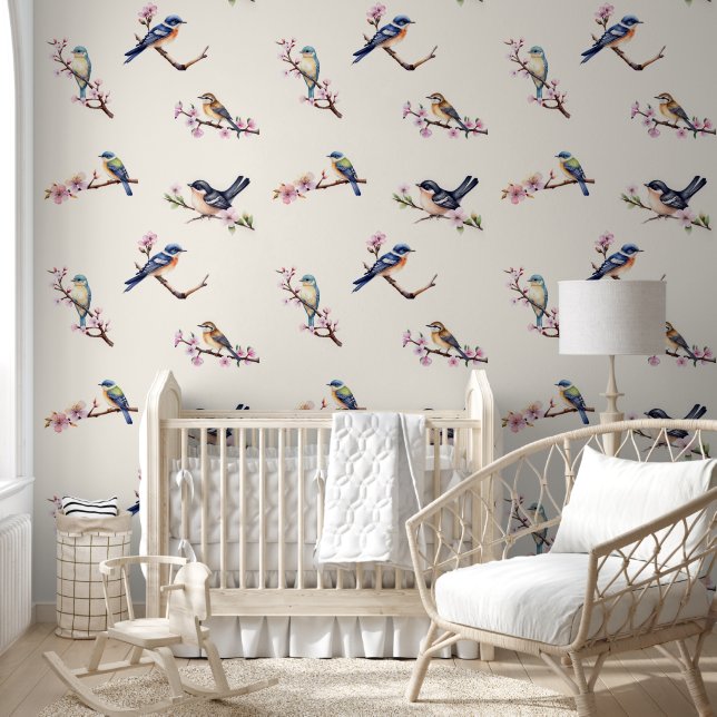 Kleine vogels op bloesemtak wit behang (Kinderen)