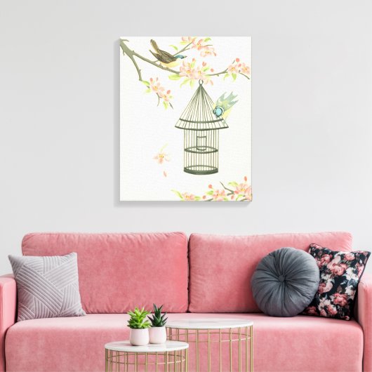 Kleine vogels op een bijkantoor en op een vogelkoo canvas afdruk (Insitu (Woonkamer))