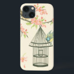 Kleine vogels op een bijkantoor en op een vogelkoo iPhone 13 hoesje<br><div class="desc">Nancy Slocum's hebben vele vogels geschilderd. Dit afbeelding beschrijft twee kleine blauwe en gele vogels die op een tak zijn geperst omringd door roze bloemen en die nieuwsgierig zijn naar een berkenkooi. Haal vandaag dit coole,  vogelvriendelijke kunstwerk op je Zazzle-product.</div>
