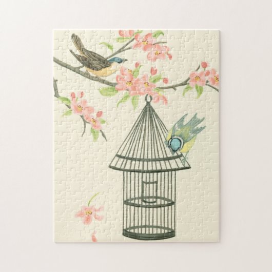 Kleine vogels op een bijkantoor en op een vogelkoo legpuzzel (Verticaal)