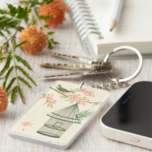 Kleine vogels op een bijkantoor en op een vogelkoo sleutelhanger (Voorkant Rechts)