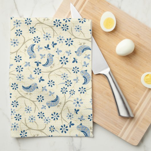 Kleine vogels op twijgen. retro, blauwe vogels, ro theedoek (Quarter Fold)