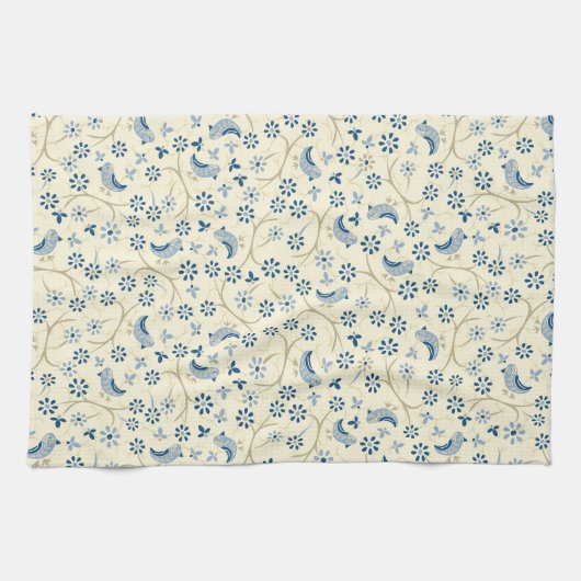 Kleine vogels op twijgen. retro, blauwe vogels, ro theedoek (Horizontaal)