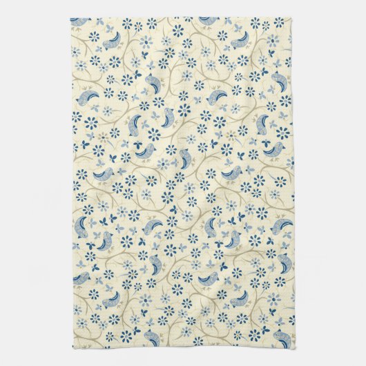 Kleine vogels op twijgen. retro, blauwe vogels, ro theedoek (Verticaal)