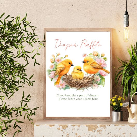 Kleine vogelveer baby shower luier verloting teken poster