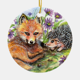 Kleine vos en egel keramisch ornament