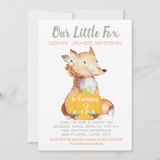 Kleine Vos Herfst Oogst Pompoen Derde Verjaardag Kaart (Voorkant)