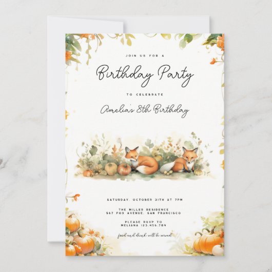 Kleine vos in een pompoen patch verjaardag uitnodi kaart (Voorkant)