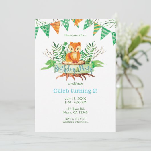 Kleine vos in het bos Waterverf verjaardagsfeest Kaart (Staand voorkant)