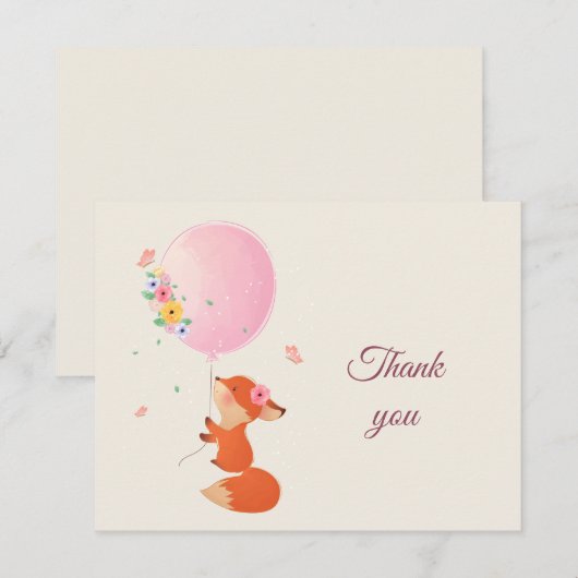 Kleine vos met ballon, bedankt kaart (Voorkant / Achterkant)