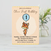 Kleine vos met ballonnen 1e verjaardag kaart (Staand voorkant)