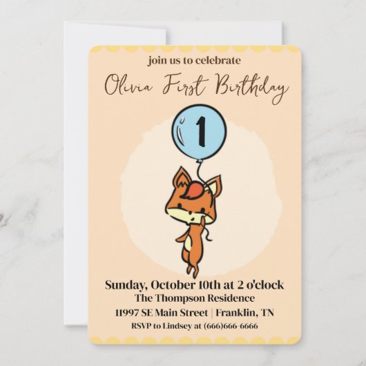 Kleine vos met ballonnen 1e verjaardag kaart (Voorkant)