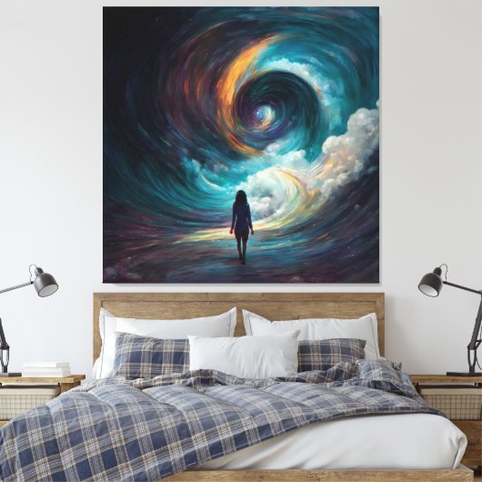 Kleine vrouw die de Wave Vortex-kunst tegenkomt Canvas Afdruk (Insitu (Slaapkamer))